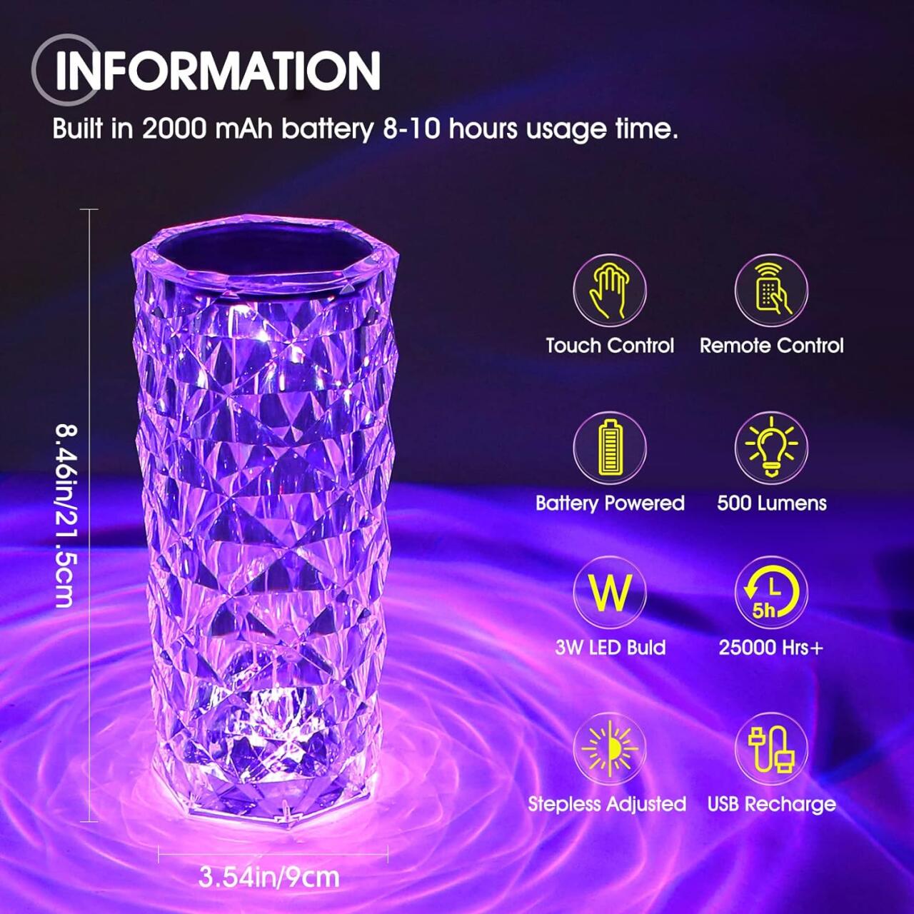 Lámpara LED Cristal Diamante – Luz Mágica al Toque